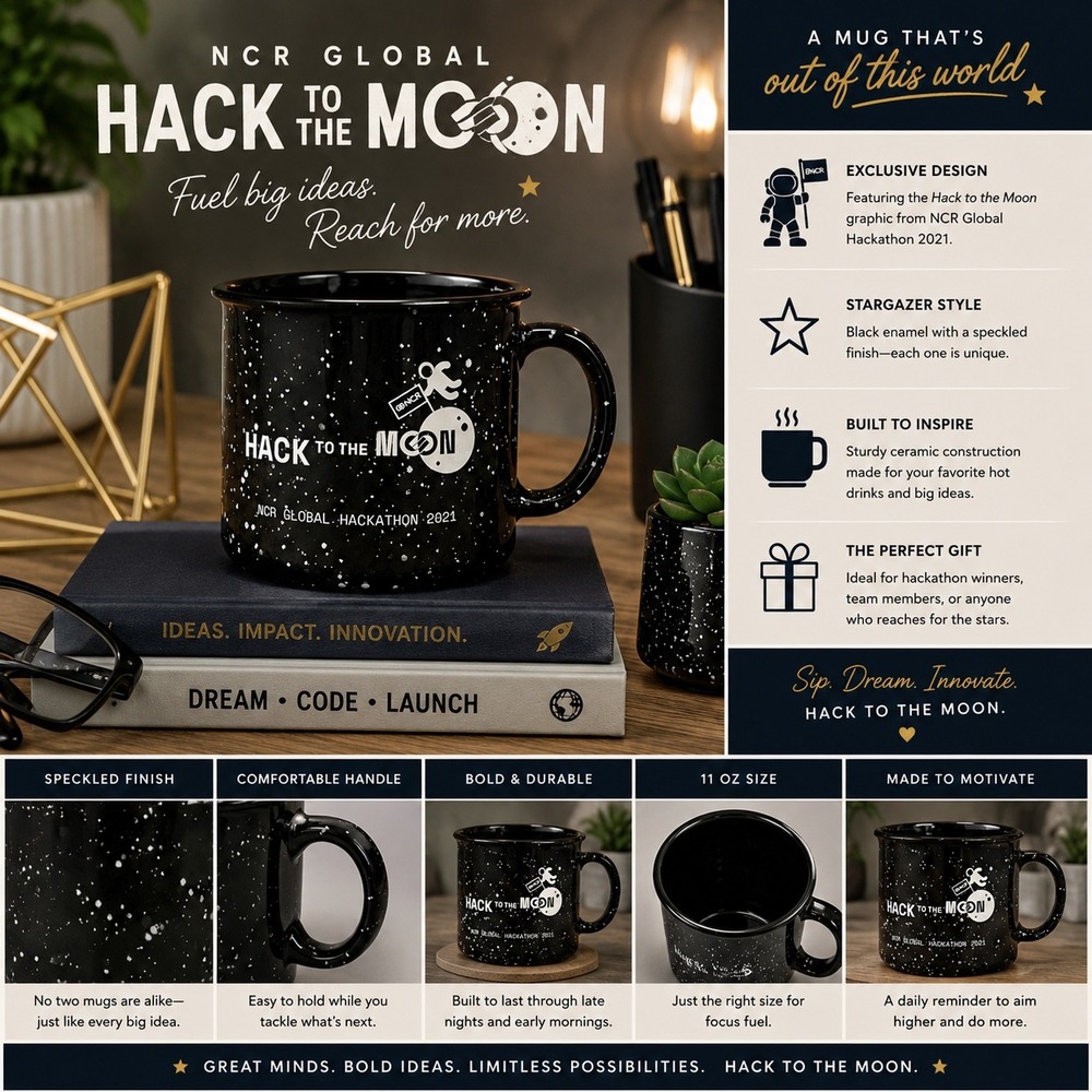 NCR Global Hackathon 2021 Hack to the Moon Black Speckled Ceramic Campfire Mug